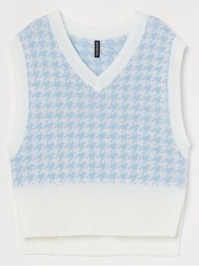 H&M Divided Light Blue and White Houndstooth V-Neck Sweater Vest Sz M